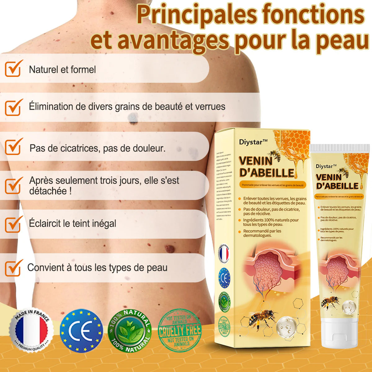 Diystar™ Crème Soin Expert pour Verrues et Grains de Beauté au Venin d’Abeille (Recommandée par la SFD 👩⚕)